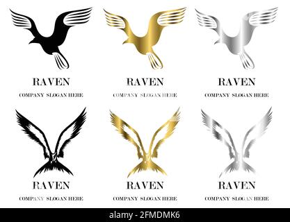Set of six vector images of various reven flying symbol There are three colors black gold silver Good use for symbol mascot icon avatar and logo Stock Vector