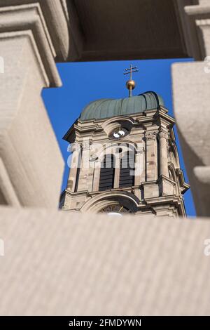 Einsiedeln, Switzerland - November 25, 2020: A bell tower of a benedictine abbey in Einsiedeln Stock Photo
