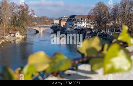 Rheinfelden, Switzerland - November 25, 2020: View towards the bridge over the river Rhein, which connects the Swiss Rheinfelden with Germany Stock Photo