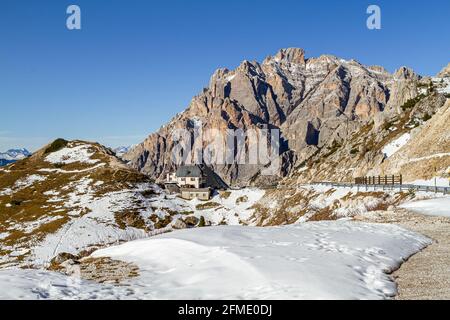 Valparola pass, Italy - October 27, 2014: Valparola at 2168m el. is a high mountain pass in the Dolomites in the province of Belluno in Italy Stock Photo