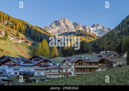 Val Gardena, Italy - October 27, 2014: Dolomites are a mountain range of special geological forms in South Tyrol in northeastern Italy. Known for skii