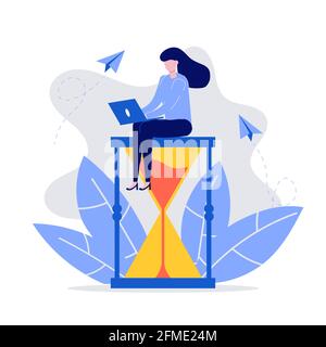 Young businesswoman sitting on hourglass and working with her laptop. Time management, multitasking, productivity, planning, and deadline concept. Mod Stock Vector