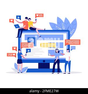 Young people using mobile gadgets such as laptop and smartphone for social networking and blogging with a huge computer. Social media and marketing co Stock Vector