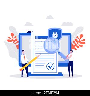 Business people signed contract concept. Character with agreement checking, corporate document, data protection, terms and conditions, privacy policy. Stock Vector