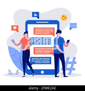 Chat concept illustration. Young people standing with a huge smartphone, social media elements and emoji icons on the background. Friends texting usin Stock Vector