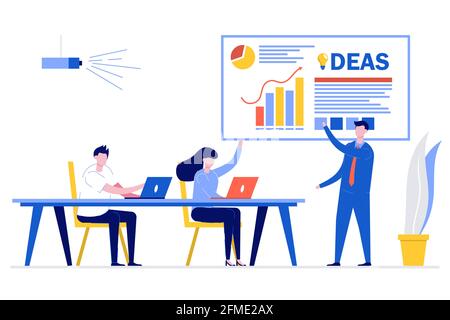Business man presenting new project to her partners and colleagues. He is presentation using pie diagram and column charts at conference meeting room. Stock Vector