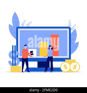 Financial management concept with people characters, laptop, money and calculator. Modern vector illustration in flat style for landing page, mobile a Stock Vector