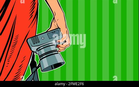 Female hand with a camera. Woman in a red dress. Photographing in the studio. Vector banner illustration in pop art style on a green background Stock Vector