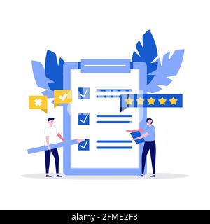Checklist. People characters and clipboard with checklist and check marks. Business plan, survey, marketing strategy, complete tasks, teamwork success Stock Vector