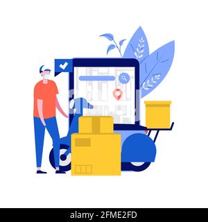 Delivery online services concept with smartphone, parcel box, pin, courier and scooter during covid-19. Modern vector illustration in flat style for l Stock Vector