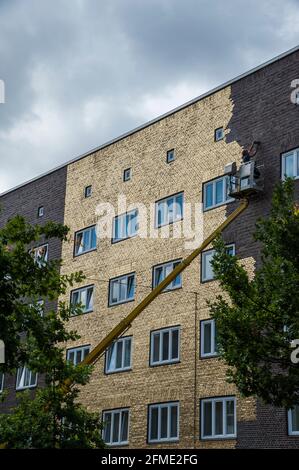 Künstler Boran Burchhardt trägt hauchdünnes Blattgold mit einem Spezialkleber auf eine 300 Quadratmeter große Hauswand in Hamburg-Veddel auf. Stock Photo