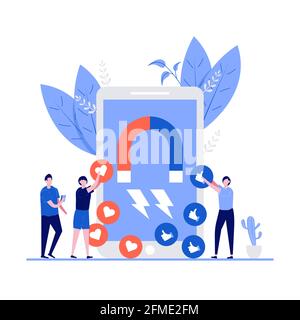 Social media concept with people characters, emoji and smartphone. Modern vector illustration in flat style for landing page, mobile app, poster, flye Stock Vector