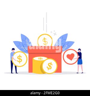 Donation and charity concept with people characters and coins. Modern vector illustration in flat style for landing page, mobile app, poster, flyer, t Stock Vector