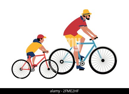 Dad, Son ride bicycle flat color vector Stock Vector