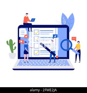 Online survey concept with people characters, laptop and questionnaire form. Modern vector illustration in flat style for landing page, mobile app, te Stock Vector