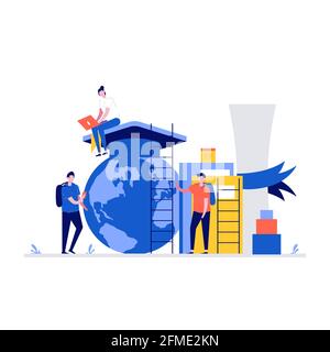 University campus vector illustration concept with students and school elements. Modern flat style for landing page, mobile app, poster, flyer, templa Stock Vector