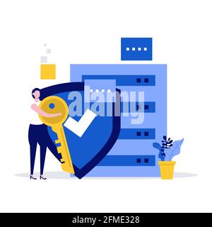Cyber security vector illustration concept with characters. Data security, protected access control, privacy data protection. Modern flat style for la Stock Vector
