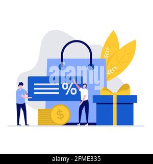 Cashback and customer loyalty program vector illustration concept with characters, a big shopping bag and discount voucher. Modern flat style for land Stock Vector