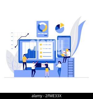 Data analysis vector illustration concept with characters. Modern vector illustration in flat style for landing page, mobile app, poster, flyer, templ Stock Vector