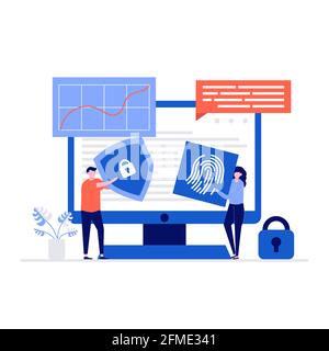 Cyber security vector illustration concept with characters. Data security, protected access control, privacy data protection. Modern flat style for la Stock Vector