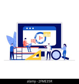Students learning online at home concept with characters. Modern flat style for landing page, mobile app, poster, flyer, template, web banner, infogra Stock Vector