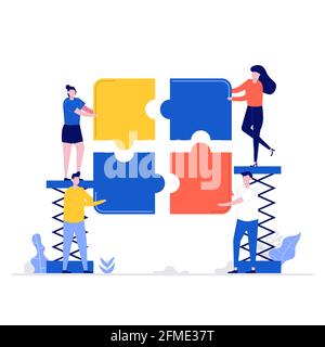Teamwork vector illustration concept with characters and puzzle. Modern vector illustration in flat style for landing page, mobile app, poster, flyer, Stock Vector