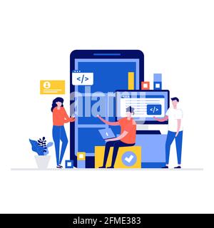 Young people are engaged in web design, website page development. Modern flat style for landing page, mobile app, poster, flyer, template, web banner, Stock Vector