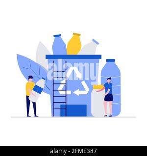 Plastic pollution problem vector illustration concept with characters. Group of people collecting plastic trash into recycle garbage bin. Modern flat Stock Vector