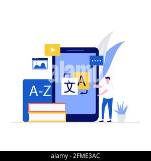 Language school vector illustration concept with characters. Modern flat style for landing page, mobile app, poster, flyer, template, web banner, info Stock Vector