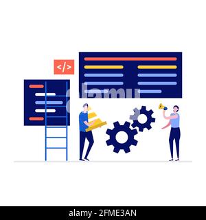 Website under construction vector illustration concept with characters. Modern flat style for landing page, mobile app, poster, flyer, template, web b Stock Vector