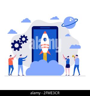 Startup vector illustration concept with characters and rocket launch. Modern flat style for landing page, mobile app, poster, flyer, template, web ba Stock Vector
