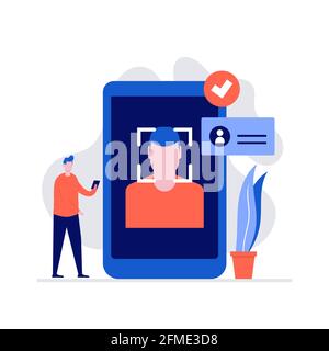 Face recognition vector illustration concept with characters. Modern flat style for landing page, mobile app, poster, flyer, template, web banner, inf Stock Vector