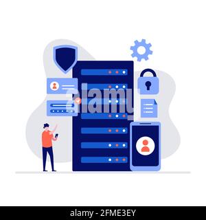 Cyber security and data storage vector illustration concept with characters. Modern flat style for landing page, mobile app, poster, flyer, template, Stock Vector