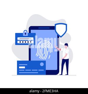 Data protection vector illustration concept with characters and fingerprint. Modern flat style for landing page, mobile app, poster, flyer, template, Stock Vector