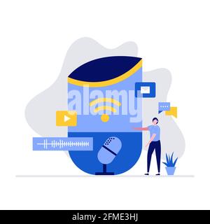 Voice assistance vector illustration concept with characters. Modern flat style for landing page, mobile app, poster, flyer, template, web banner, inf Stock Vector
