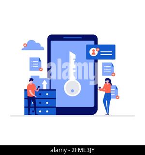 File storage vector illustration concept with characters. Modern flat style for landing page, mobile app, poster, flyer, template, web banner, infogra Stock Vector
