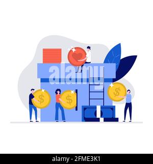 Donation vector illustration concept with volunteers character give money and coins in donations box. Modern flat style for landing page, mobile app, Stock Vector