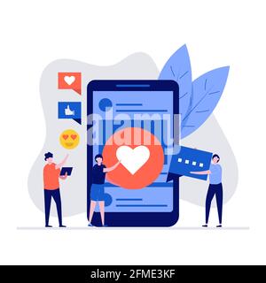 Social media vector illustration concept with characters. People standing near big smartphone, leaving comments and likes for photo in mobile apps. Mo Stock Vector
