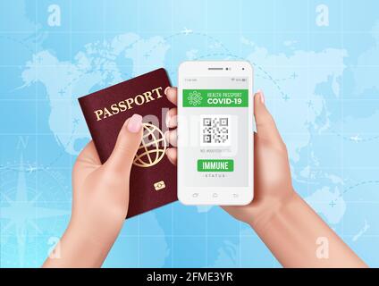 Hands holding a passport and a mobile phone with a health passport application indicating immune people vaccinated with Covid-19 vaccine. Stock Vector