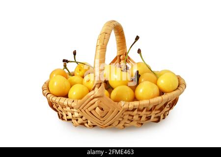 Basket of sweet cherries isolated on white background Stock Photo