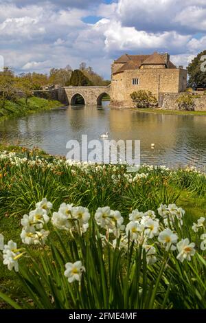 A view of the moat at the historic Leeds Castle in Kent, UK. Stock Photo