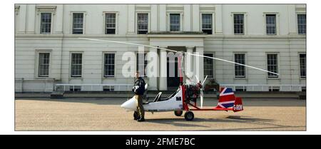 Expedition Global Eagle, led by Army Warrant Officer Barry Jones is the first ever attempt to fly around the world in an autogyro - the light aircraft made famous in 1967 as Sean Connery's gadget little Nellie in the james Bond film 'You only live twice'. The attempt will begin on 21april 2004 departing from Middle Wallop in Hampshire and taking in 25 different countrys take three and a half months.pic David Sandison 14/4/2004 Stock Photo