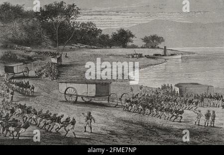 History of Africa. 19th century. The steamship Stanley, sectioned, leaves the roadstead of Vivi. Stanley used sectional boats and dugout canoes to pass the large cataracts that separated the Congo into distinct tracts. Engraving. El Congo y la Creación del Estado Independiente de este nombre. Historia de los Trabajos y Exploraciones Verificados (The Congo and the Founding of its Free State. A Story of Work and Exploration), by Henry M. Stanley. Edited in Barcelona, ca. 1890. Spain. Stock Photo