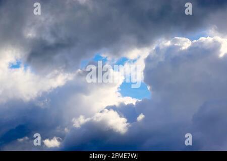 Billowing Cumulus clouds showing patches of blue sky scudding across the sky bringing impending rain. Stock Photo