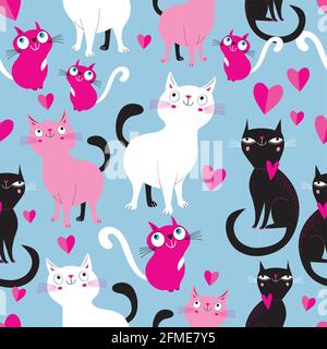 Funny seamless bright festive pattern of lovers of cats. Template for Wallpaper or fabric for Valentine's Day. Stock Vector