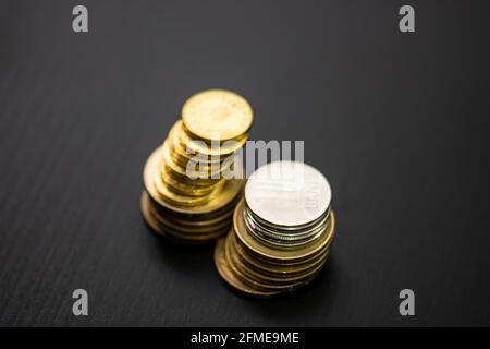 Closeup of Romanian LEI coins piles - world money, inflation and economy concept Stock Photo