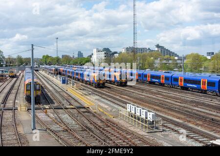 Parked trains at Clapham Junction Railway Station, Battersea, London Borough of Wandsworth, Greater London, England, United Kingdom Stock Photo