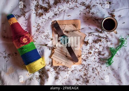 Flat lay photography of coffee and lights Stock Photo
