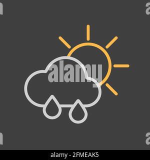 Sun with raincloud and raindrops vector icon on dark background. Meteorology sign. Graph symbol for travel, tourism and weather web site and apps, UI Stock Vector