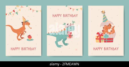 Happy birthday, greeting cards with dinosaurs. Velociraptor, tyrannosaurus and small newborn dino hatched from an egg. Funny dinosaurs on holiday cards for kids. Vector posters,cartoon style on beige. Stock Vector